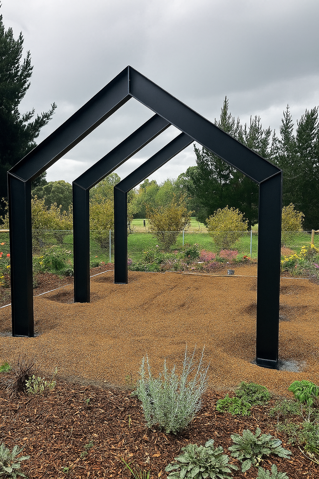 Black custom steel arbour frames in landscaped garden